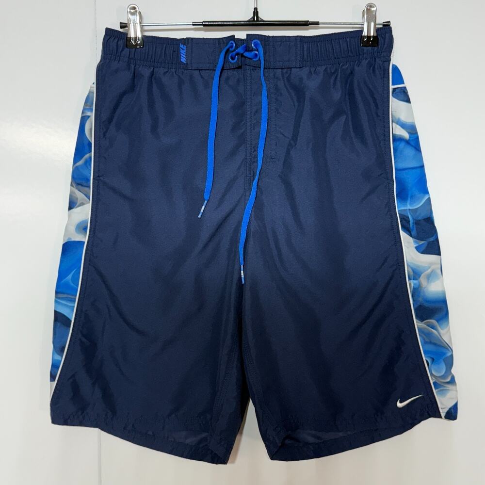 Nike Swim Trunks Mens Medium Blue White Tie Dye Mesh Lined Drawstring Pockets
